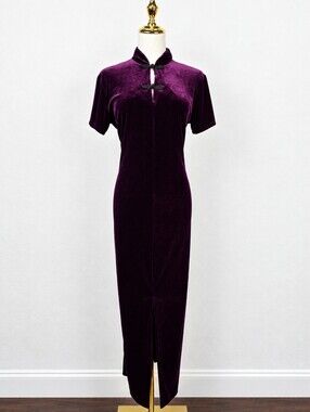 Vintage 90s Dressing Clio Plum Velvet Maxi Dress Glam Goth Mandarin Frog Closure